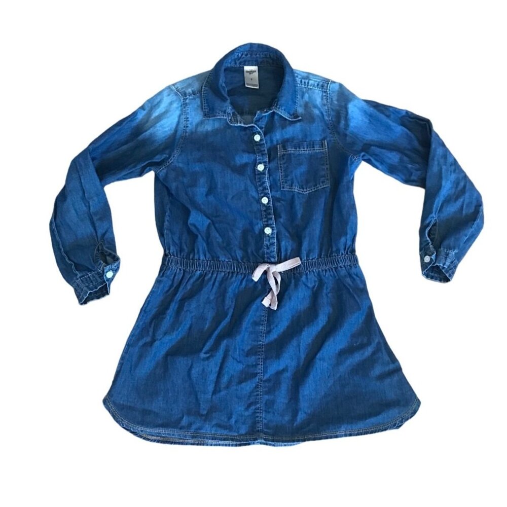 OshKosh Dress Girls Denim Button Up Drawstring Waist Size 7 Cotton